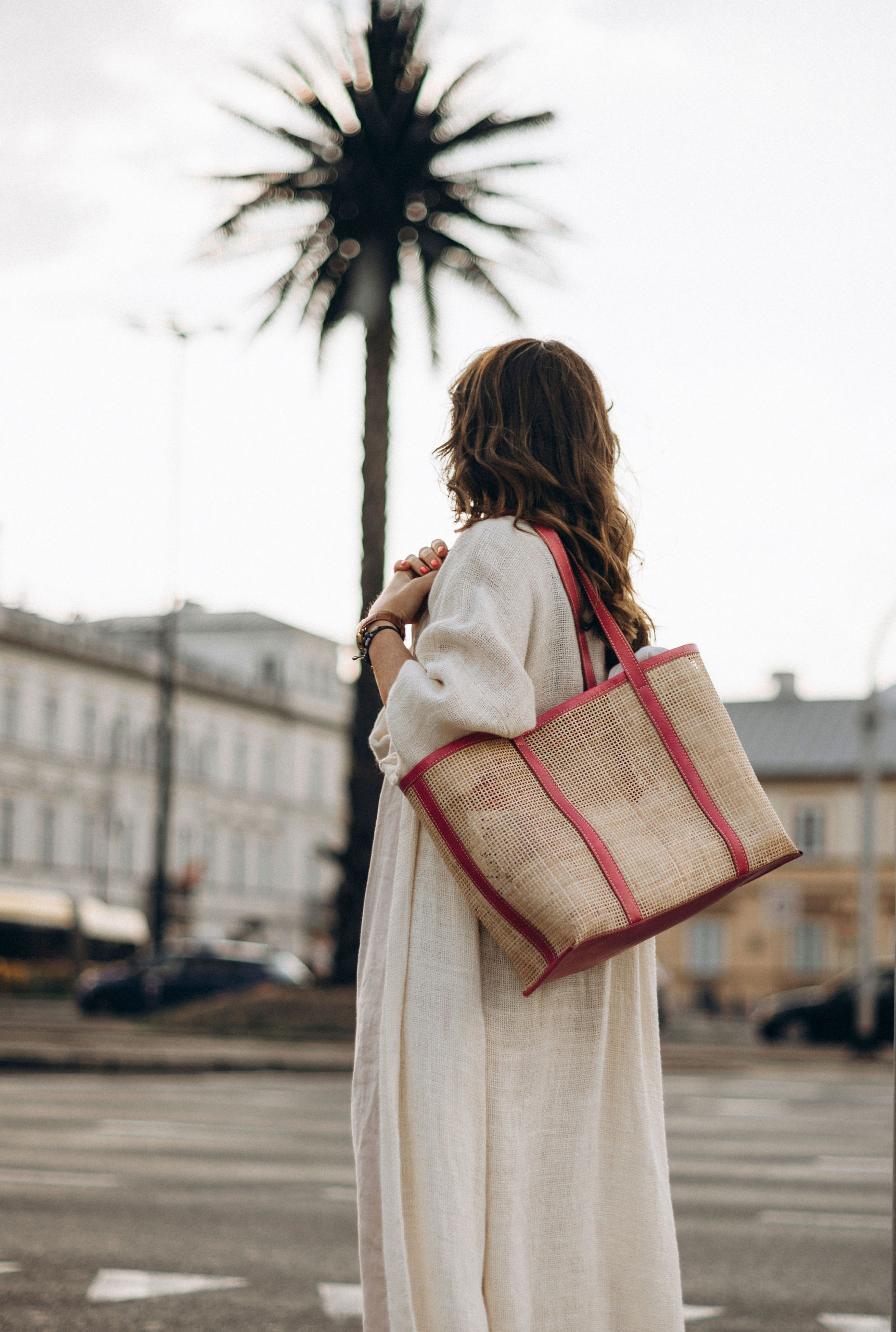 TOTE bag IRMA z rattanu i naturalnej skóry - pink - obrazek 4