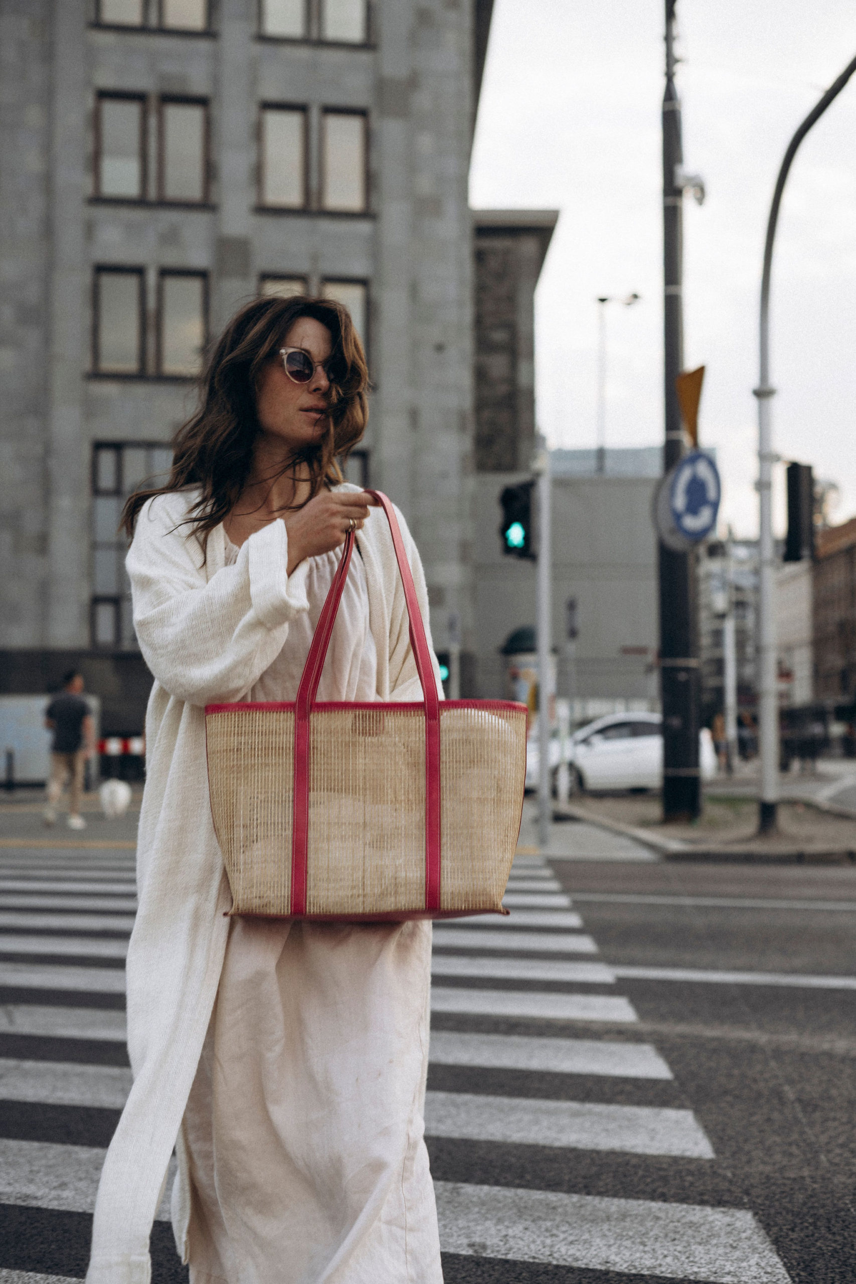 TOTE bag IRMA z rattanu i naturalnej skóry - pink
